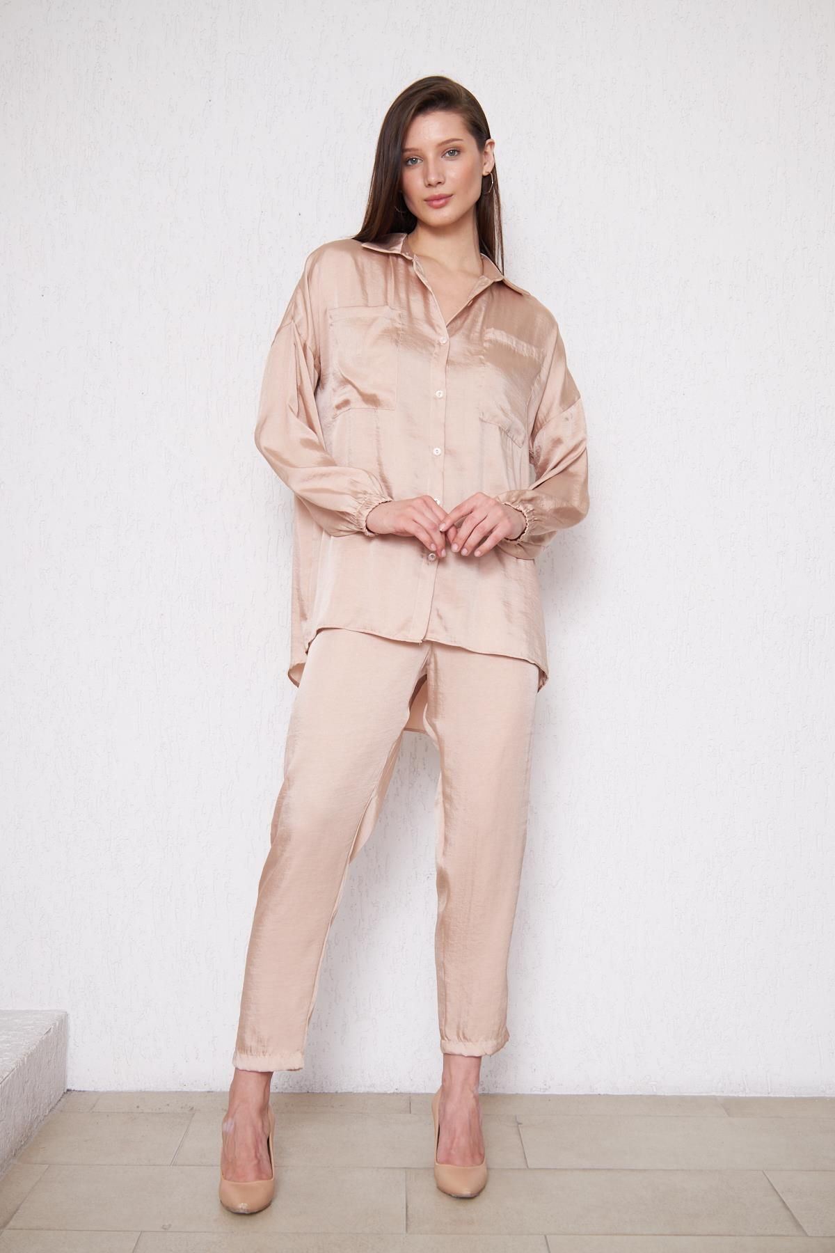 Kadın Oversize Gömlek Beli Lastikli Pantolon Bej Ikili Takım