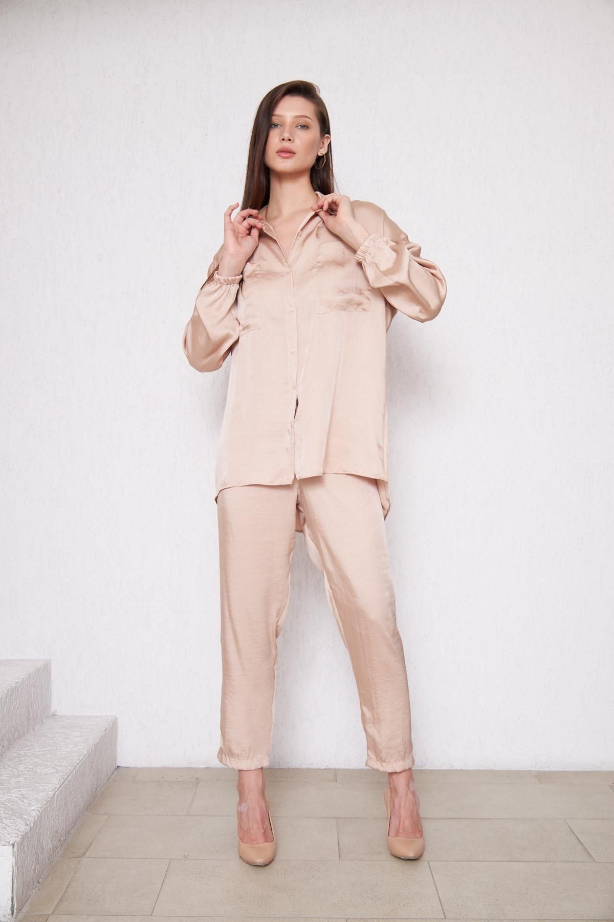 Kadın Oversize Gömlek Beli Lastikli Pantolon Bej Ikili Takım