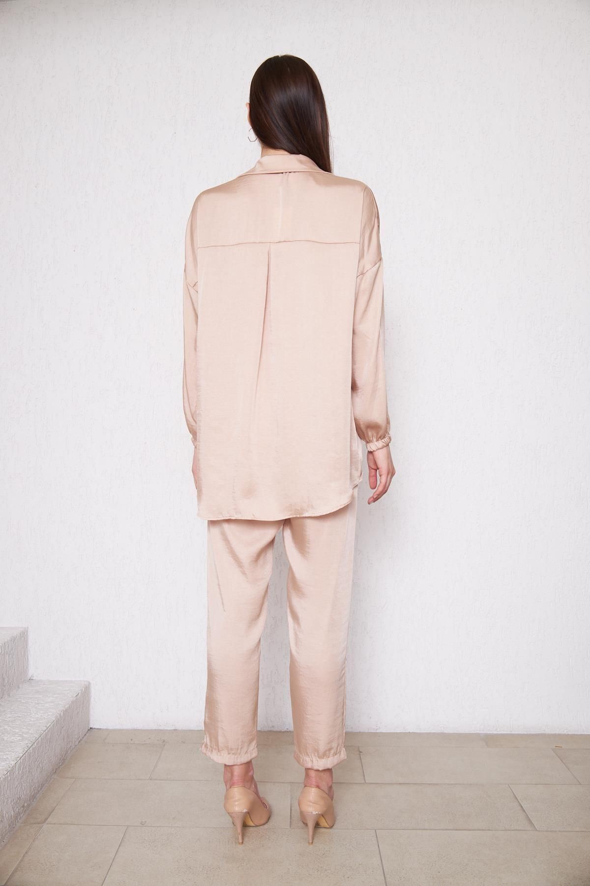 Kadın Oversize Gömlek Beli Lastikli Pantolon Bej Ikili Takım