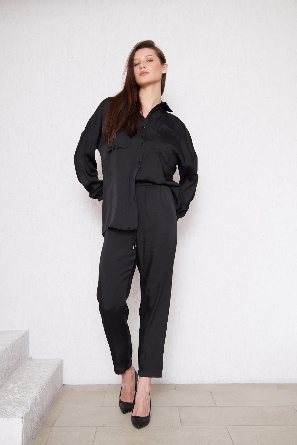 Kadın Oversize Gömlek Beli Lastikli Pantolon Siyah Ikili Takım