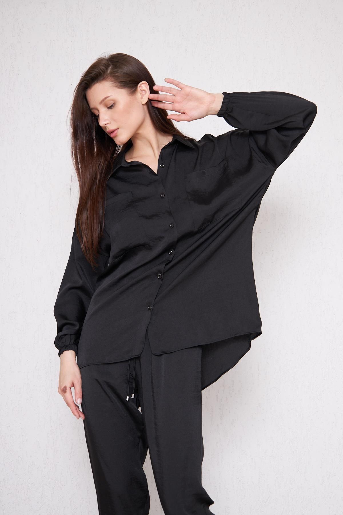 Kadın Oversize Gömlek Beli Lastikli Pantolon Siyah Ikili Takım
