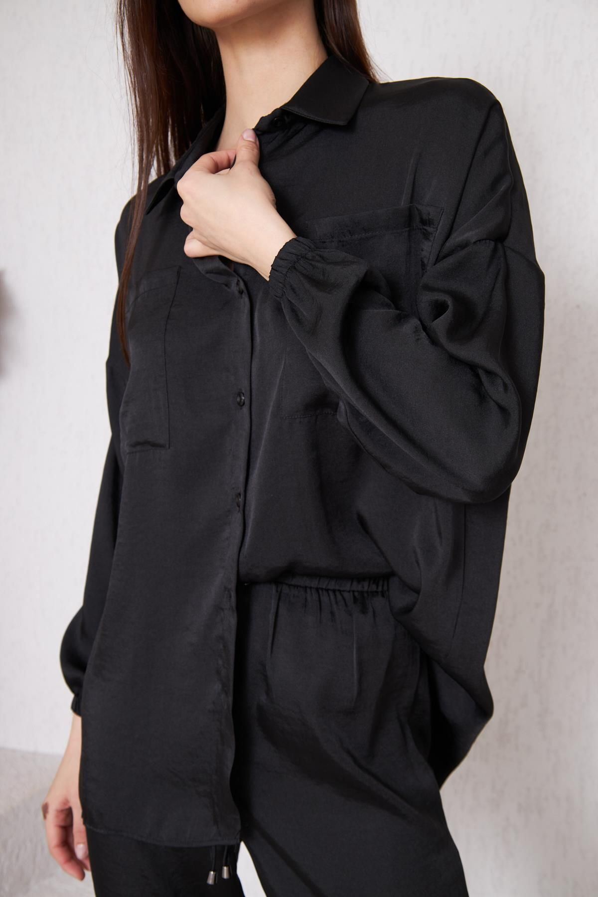 Kadın Oversize Gömlek Beli Lastikli Pantolon Siyah Ikili Takım