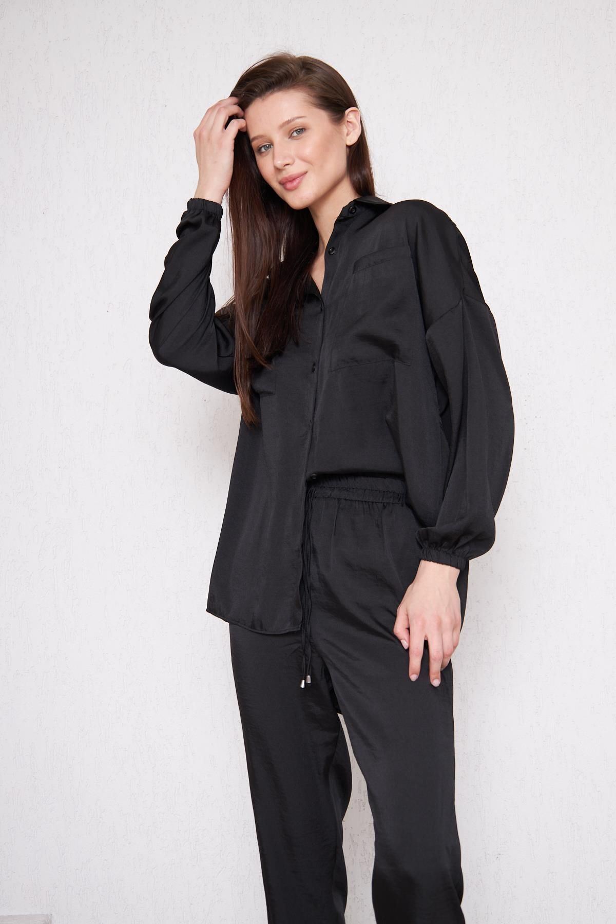 Kadın Oversize Gömlek Beli Lastikli Pantolon Siyah Ikili Takım