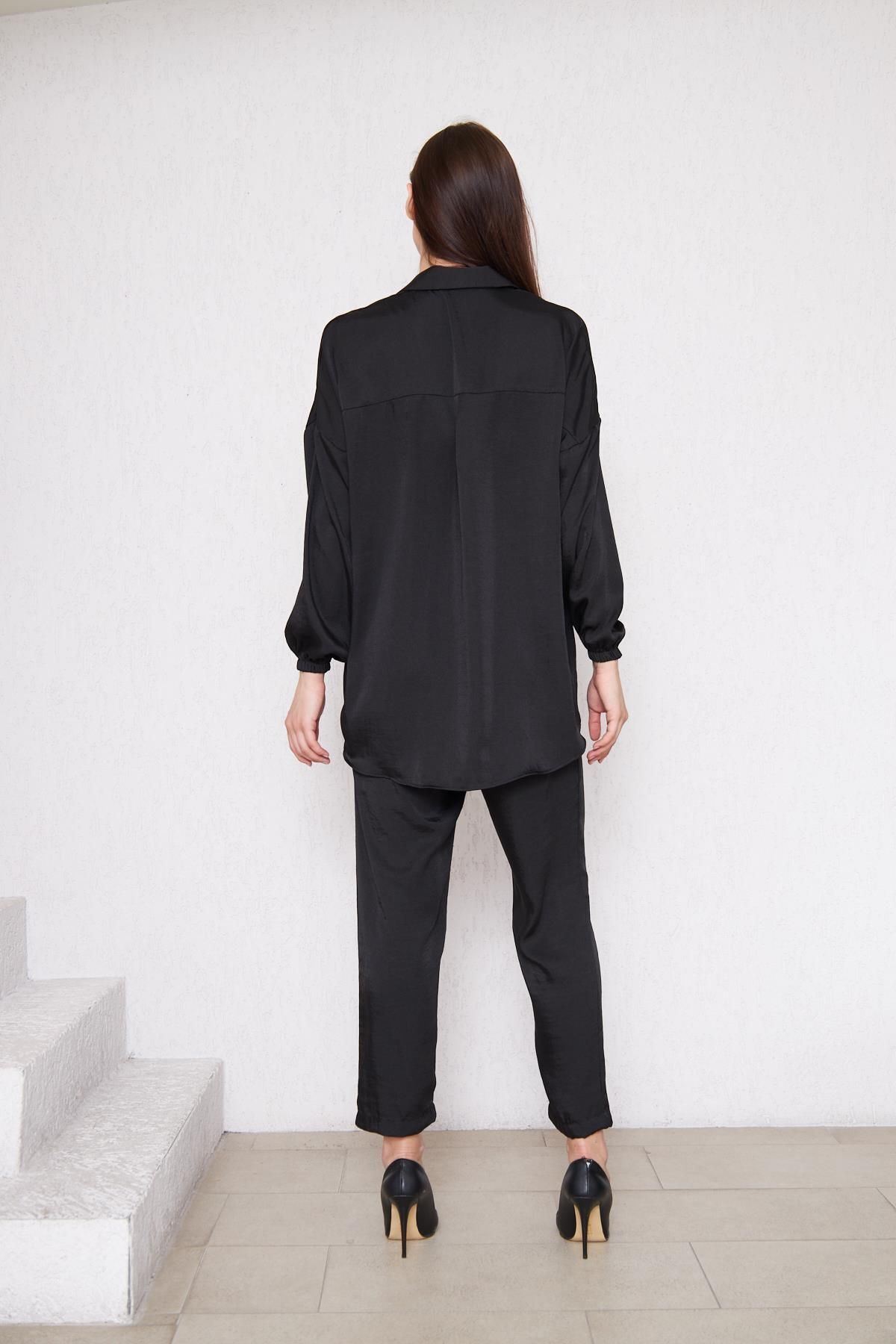 Kadın Oversize Gömlek Beli Lastikli Pantolon Siyah Ikili Takım