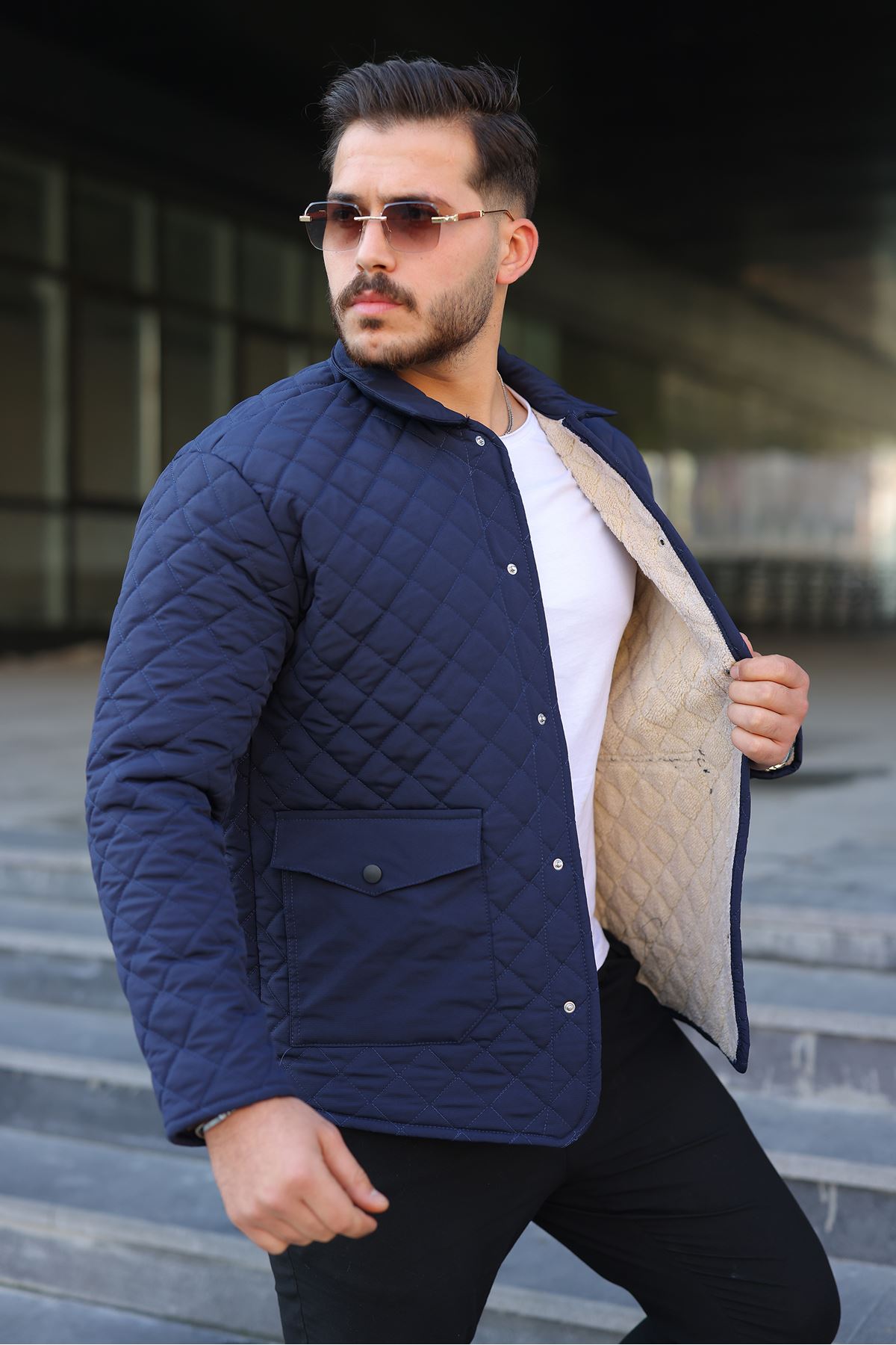 Erkek Çıtçıt Basic Kışlık Kürklü Lacivert Kapitone Mont