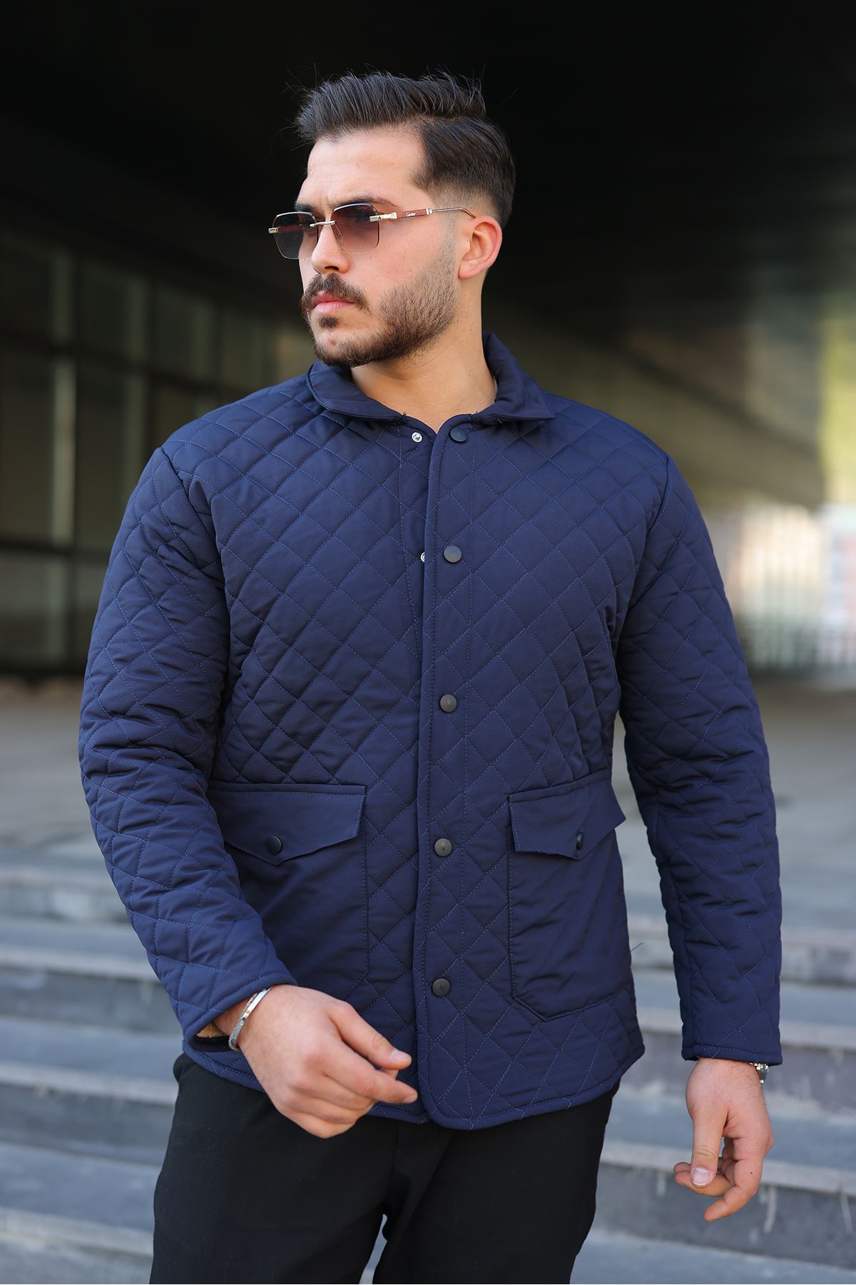 Erkek Çıtçıt Basic Kışlık Kürklü Lacivert Kapitone Mont