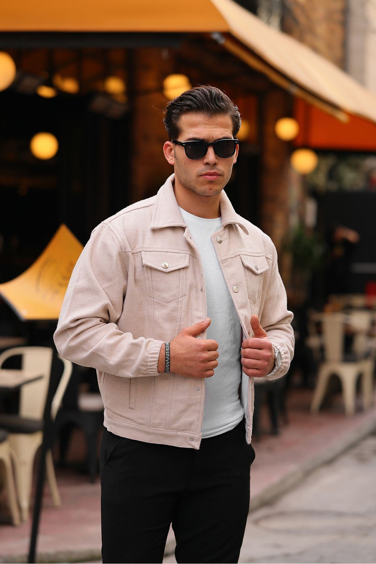 Erkek Oversize Rahat Mevsimlik Bej Kaşe Ceket