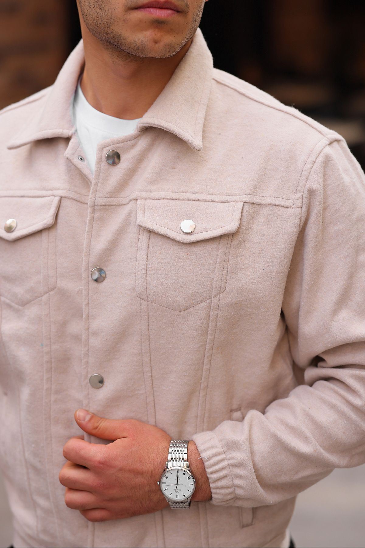 Erkek Oversize Rahat Mevsimlik Bej Kaşe Ceket