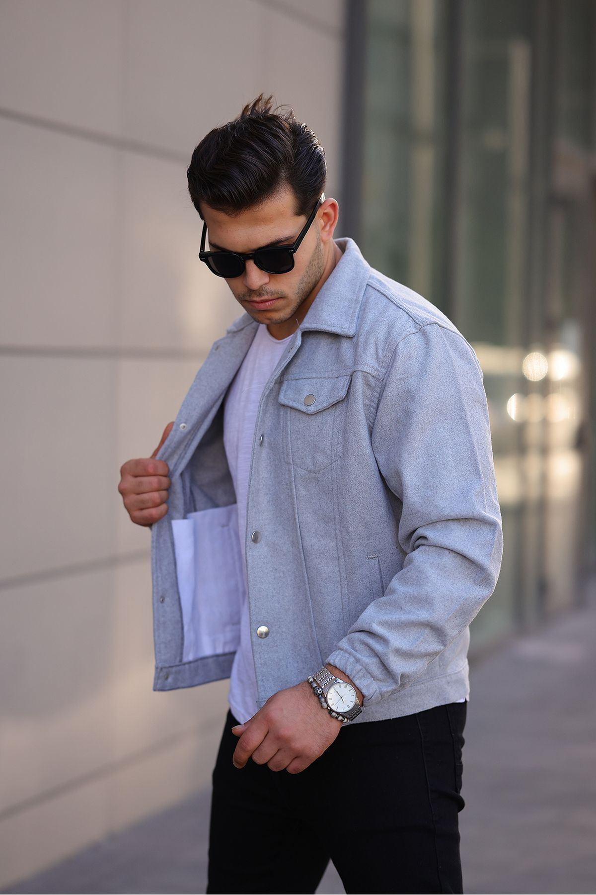 Erkek Oversize Rahat Mevsimlik Gri Kaşe Ceket