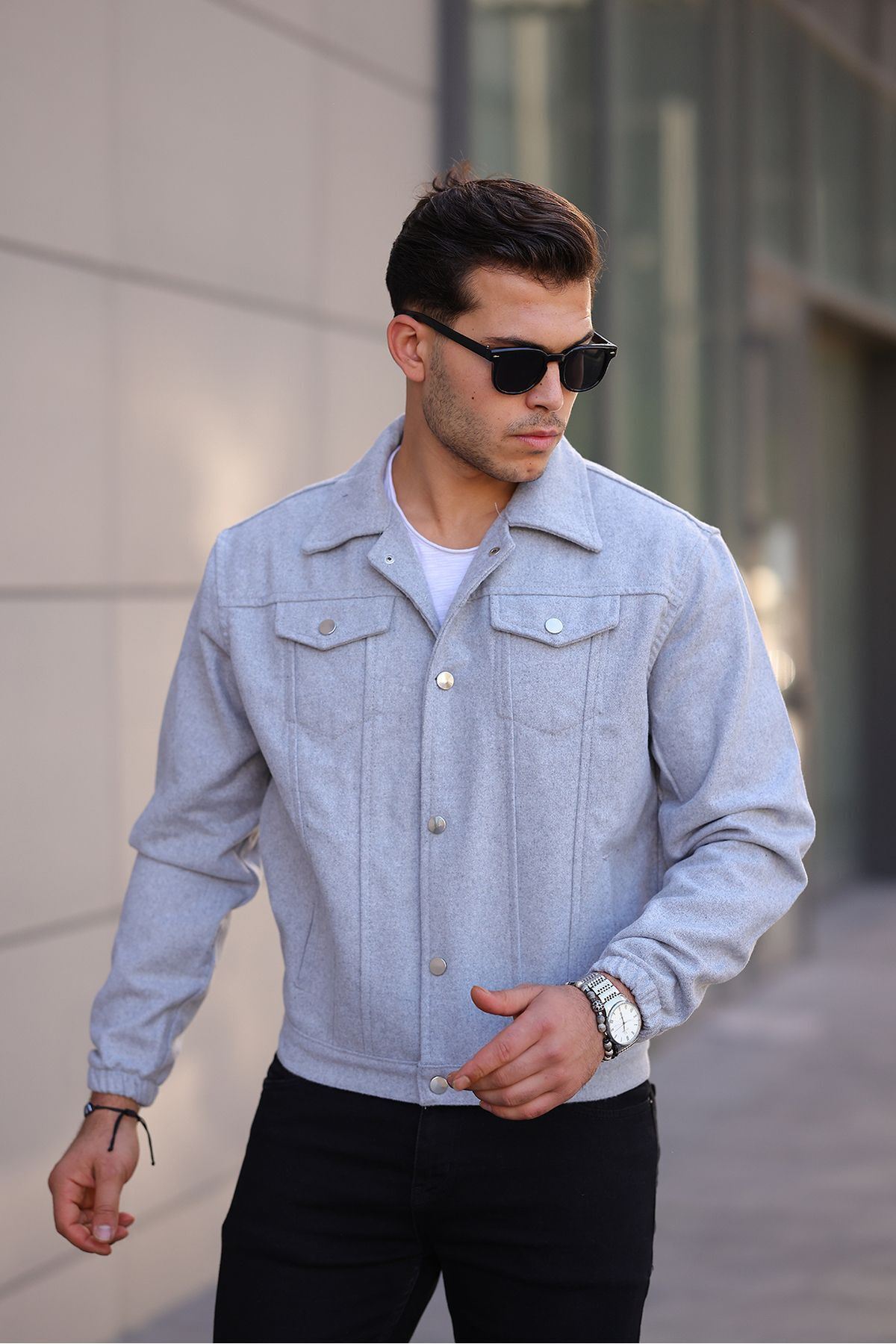 Erkek Oversize Rahat Mevsimlik Gri Kaşe Ceket