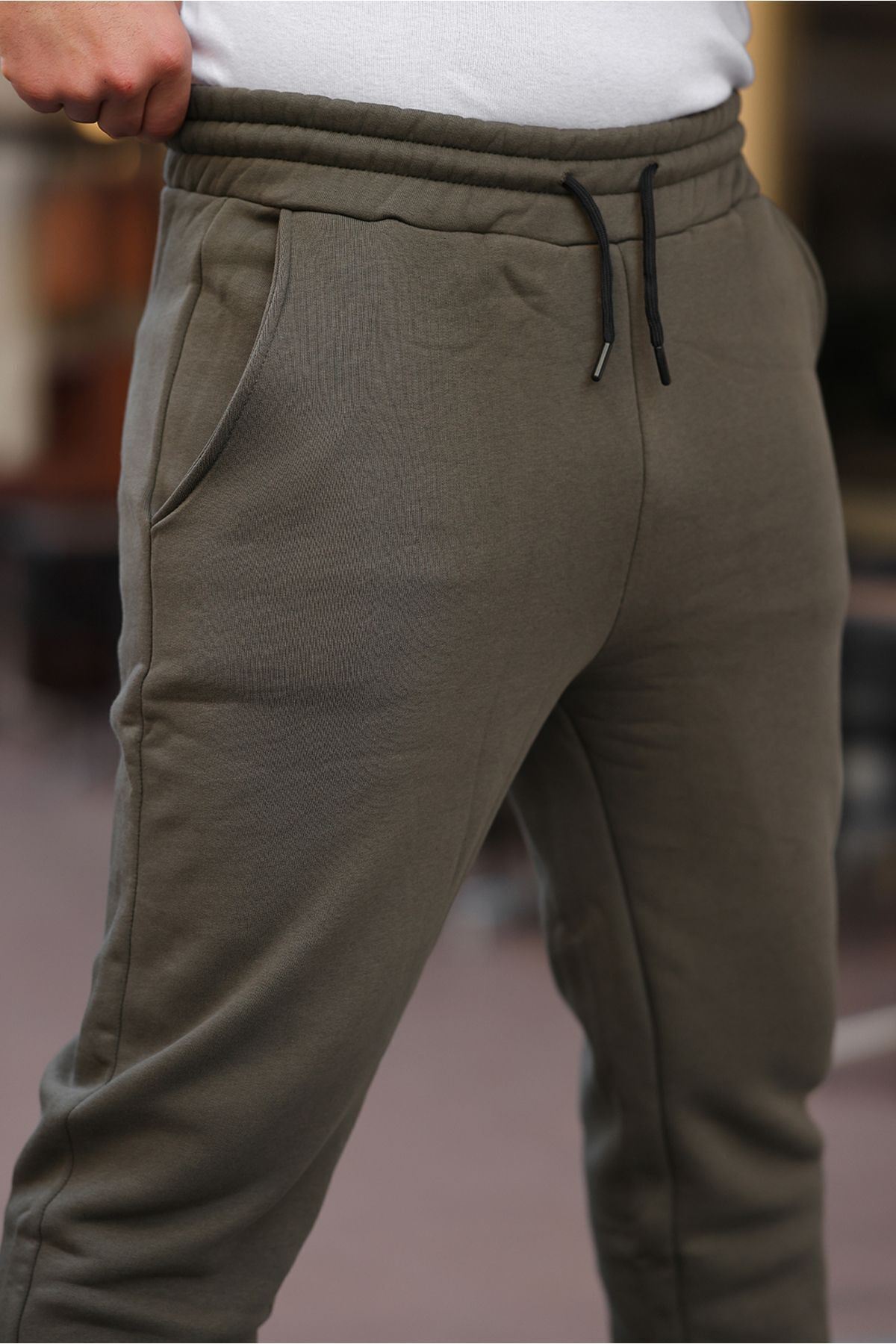 Erkek Beli Lastikli Şardonlu Jogger Haki Eşofman Altı