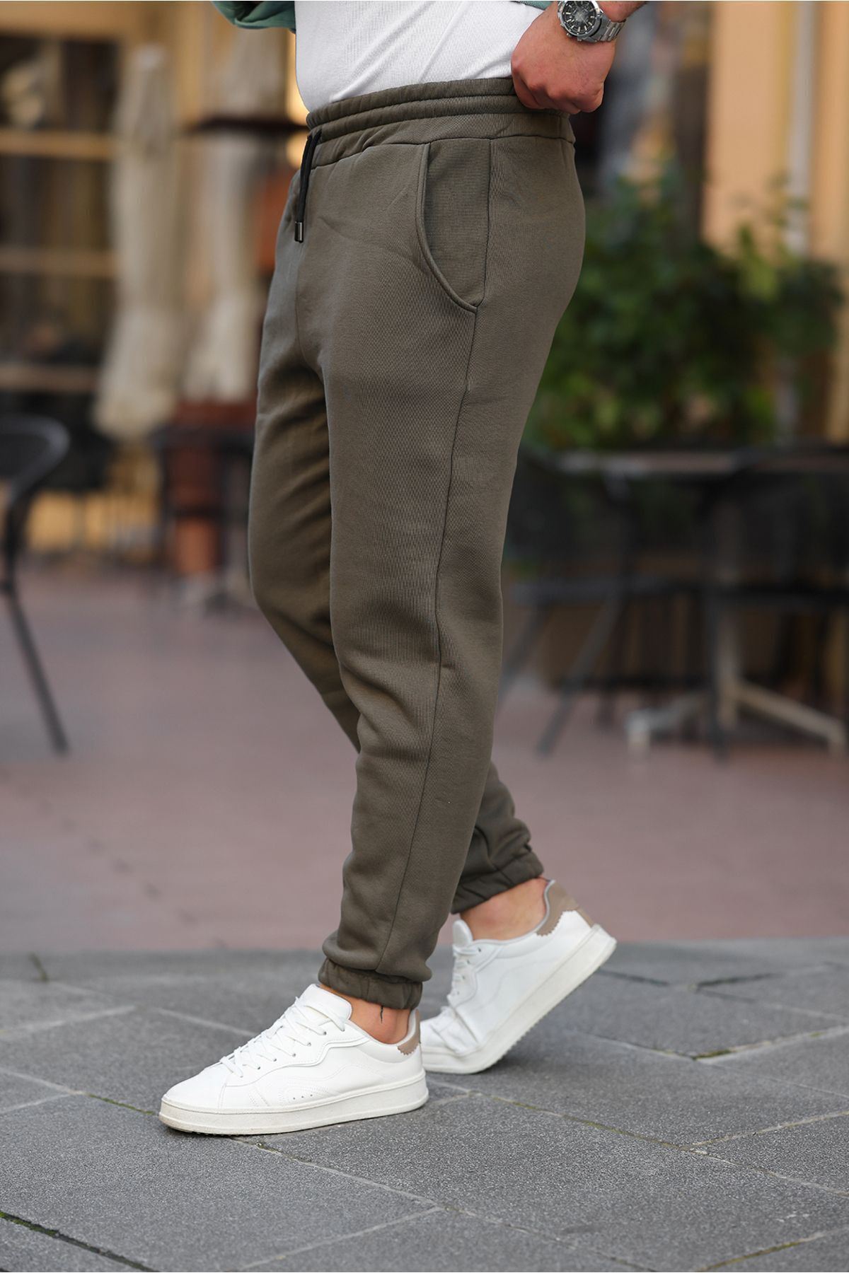 Erkek Beli Lastikli Şardonlu Jogger Haki Eşofman Altı