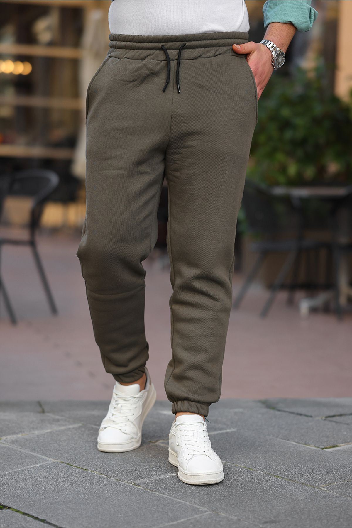 Erkek Beli Lastikli Şardonlu Jogger Haki Eşofman Altı