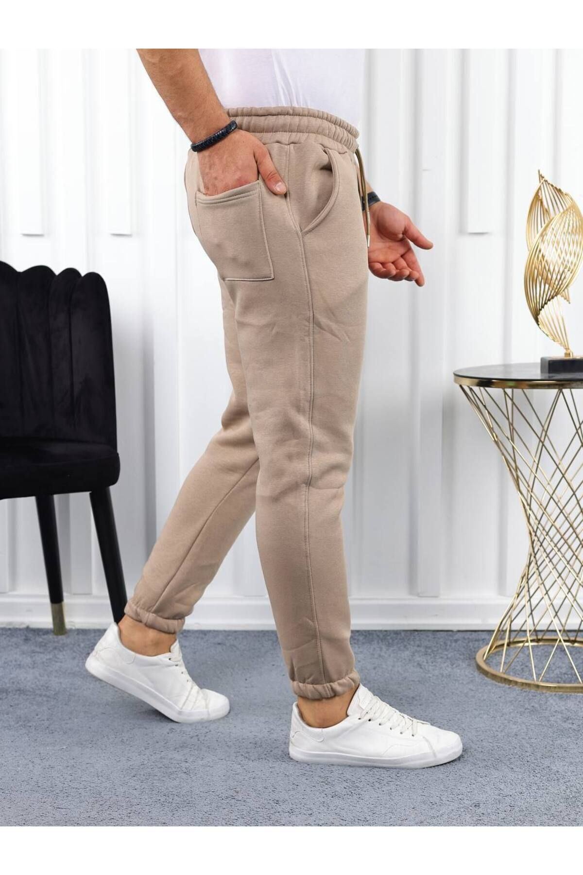 Erkek Beli Lastikli Şardonlu Jogger Kahve Eşofman Altı