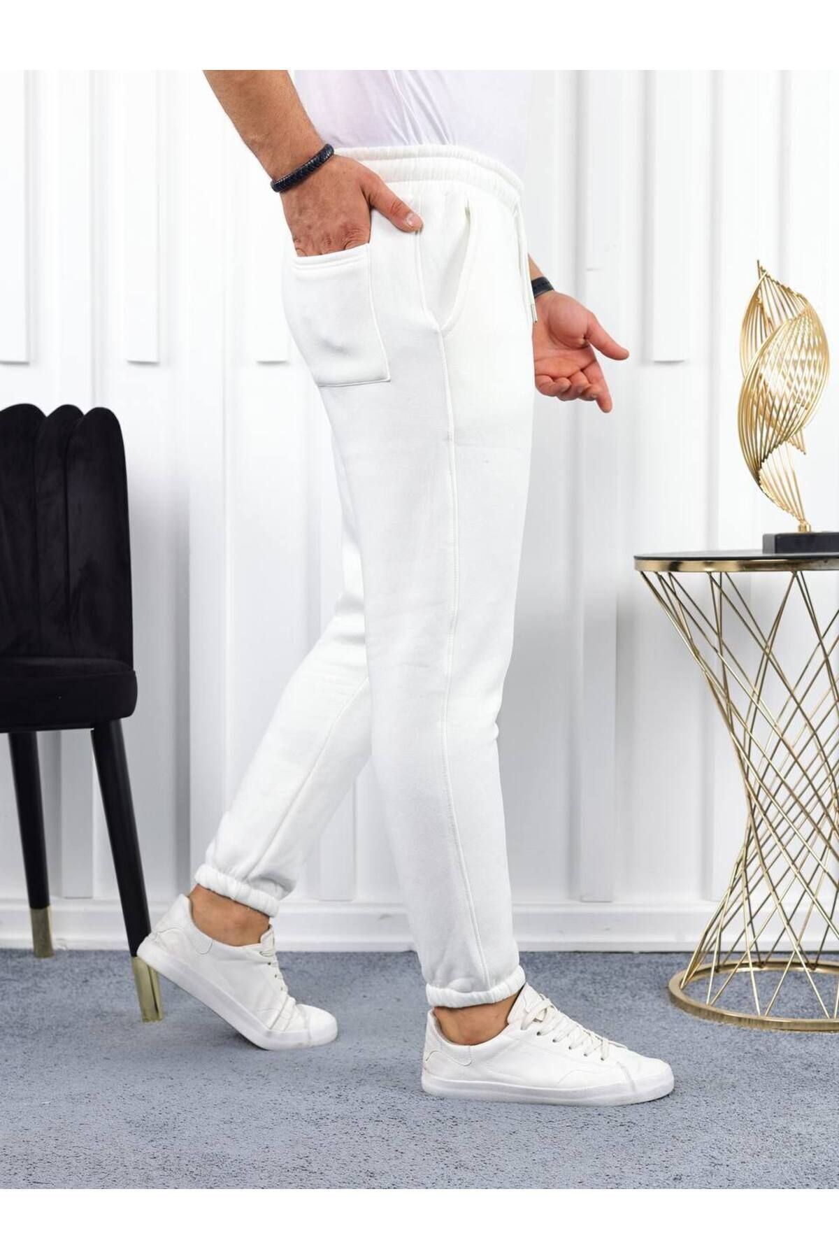 Erkek Beli Lastikli Şardonlu Jogger Beyaz Eşofman Altı