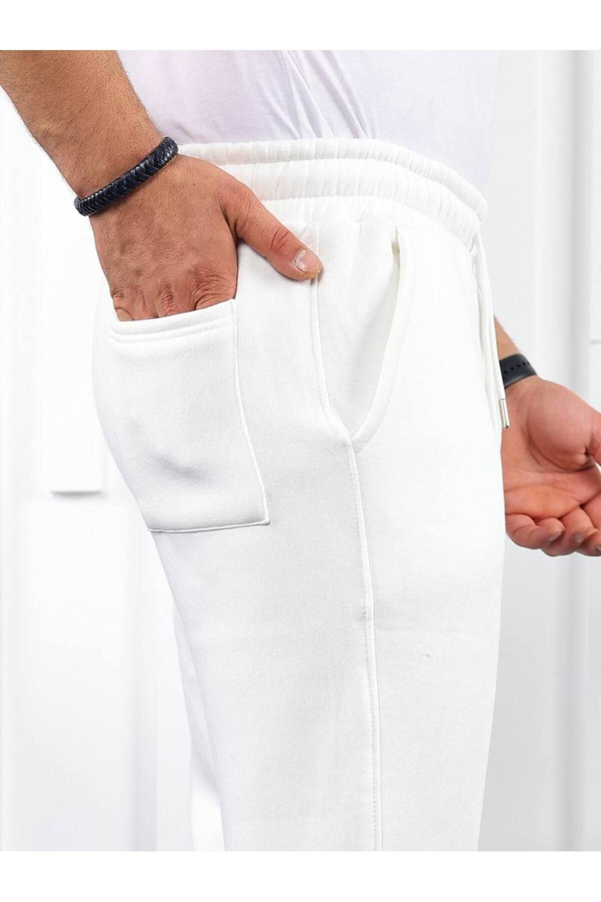 Erkek Beli Lastikli Şardonlu Jogger Beyaz Eşofman Altı