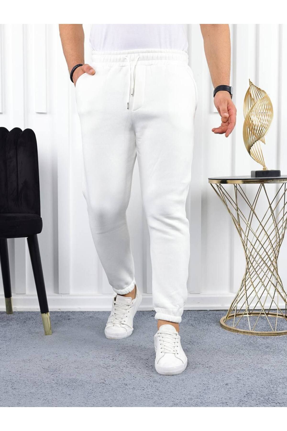 Erkek Beli Lastikli Şardonlu Jogger Beyaz Eşofman Altı