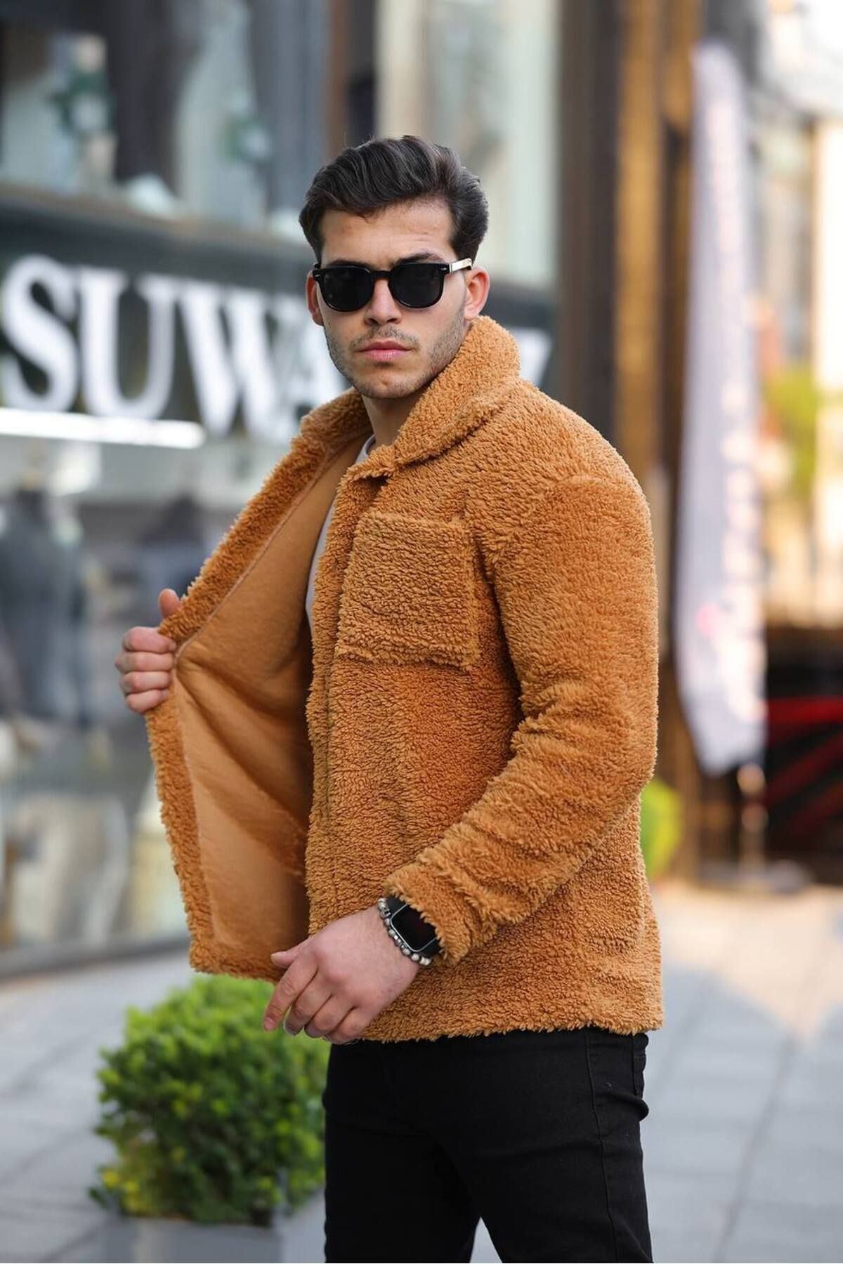 Erkek Trend Düğmeli Hardal Peluş Ceket