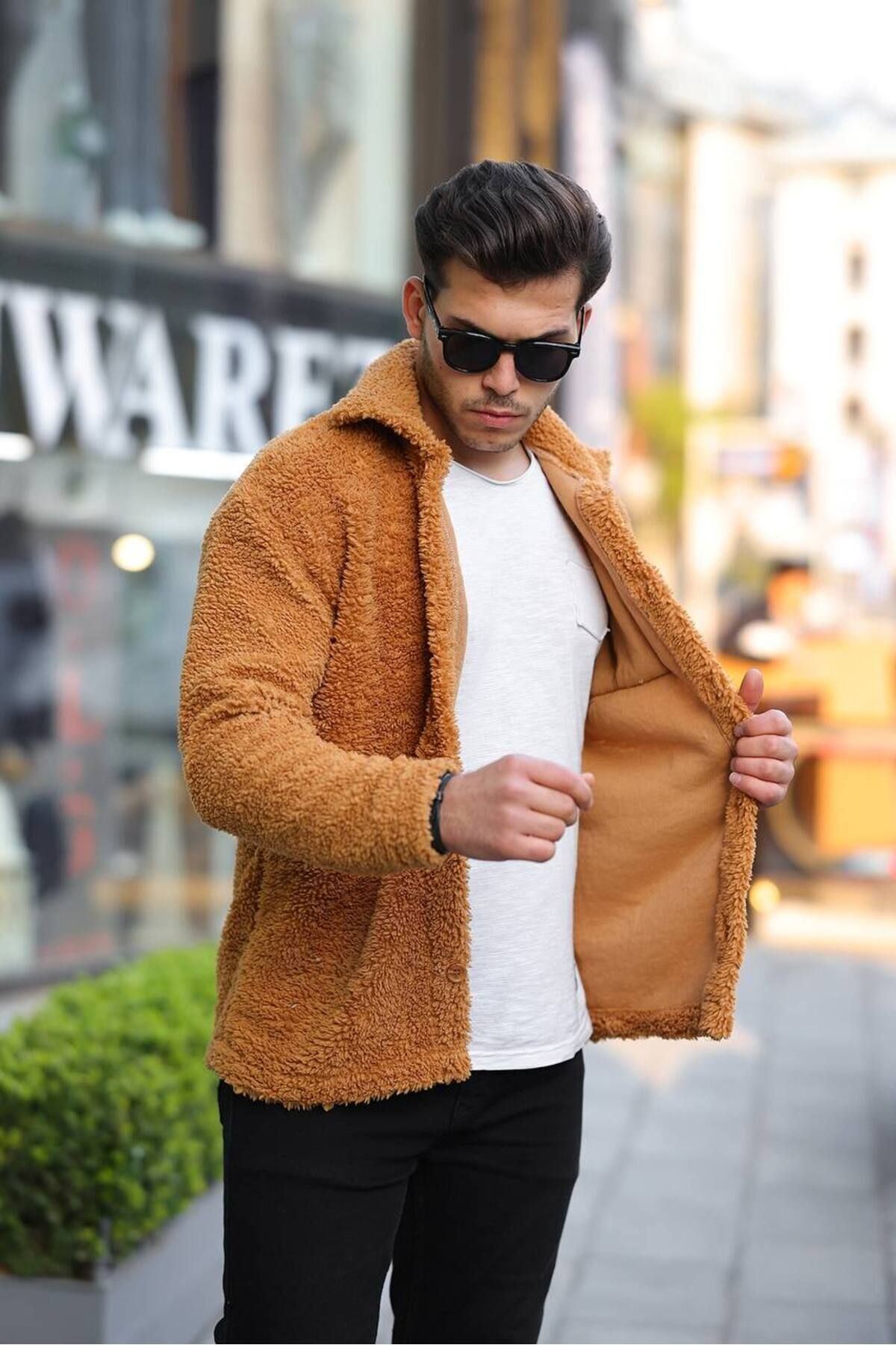 Erkek Trend Düğmeli Hardal Peluş Ceket