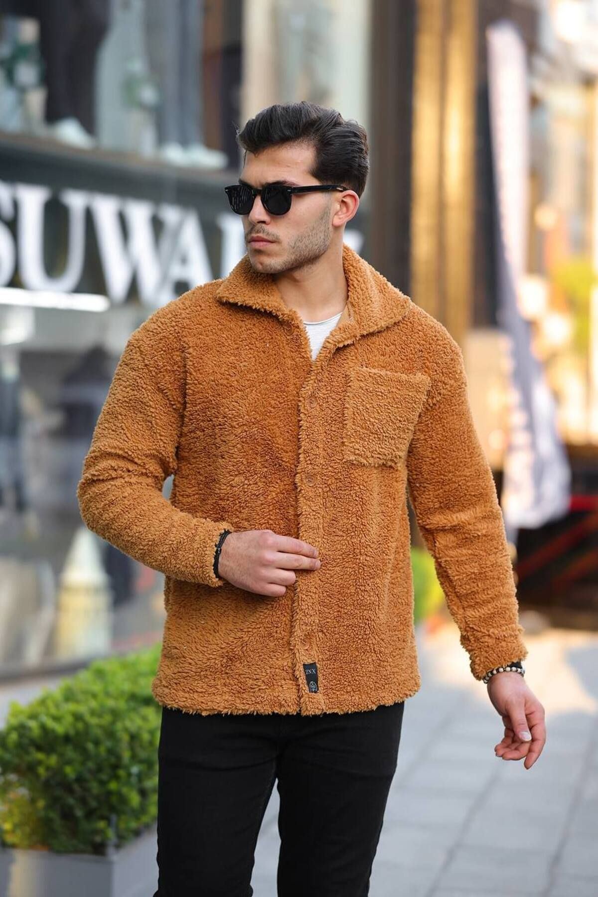 Erkek Trend Düğmeli Hardal Peluş Ceket