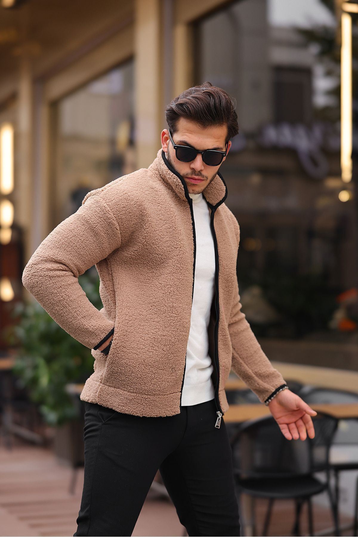 Yan Cepli Tam Fermuarlı Peluş Sweatshirt