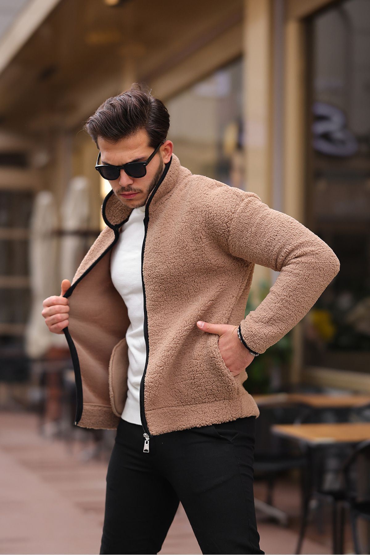 Yan Cepli Tam Fermuarlı Peluş Sweatshirt