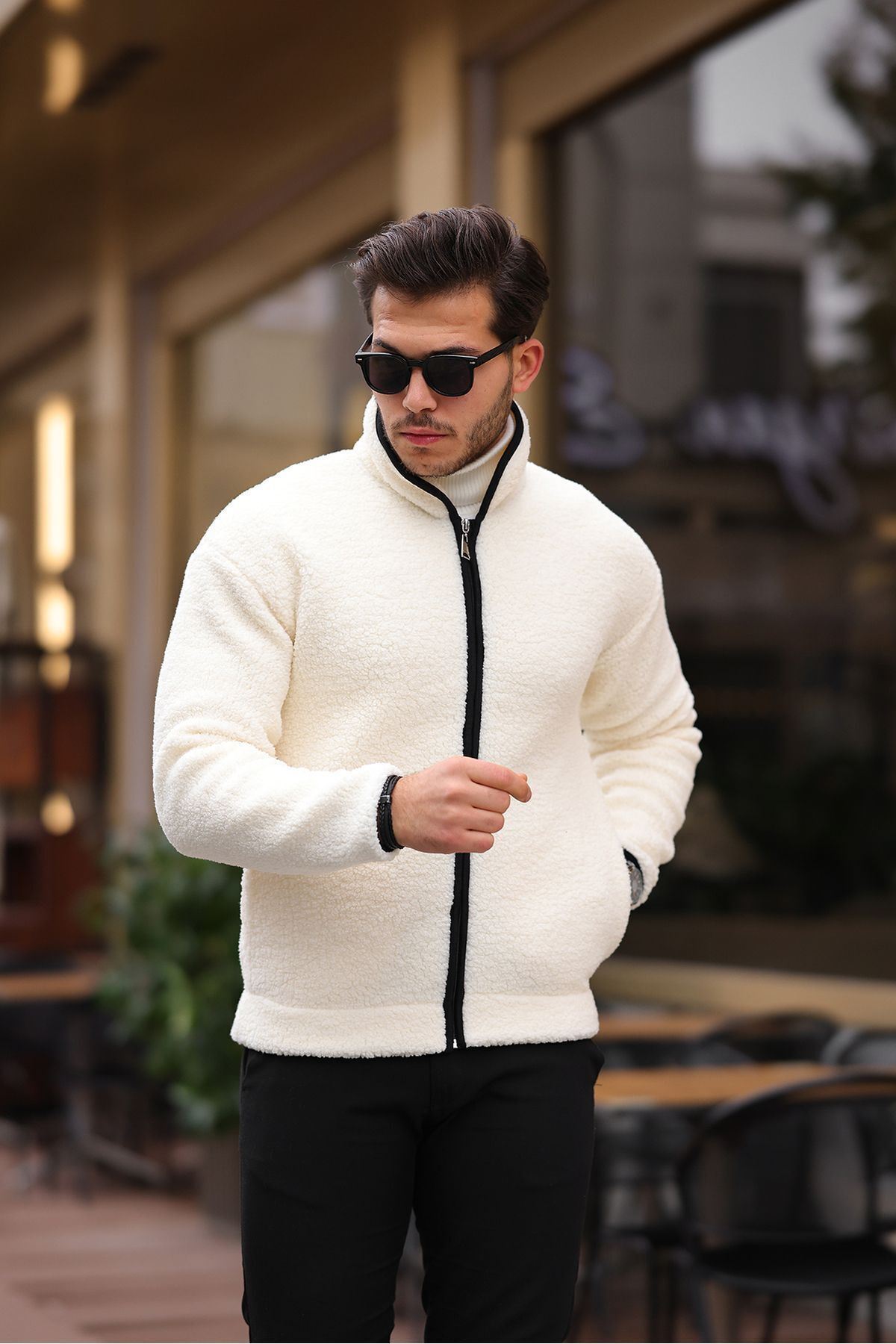 Yan Cepli Tam Fermuarlı Peluş Sweatshirt