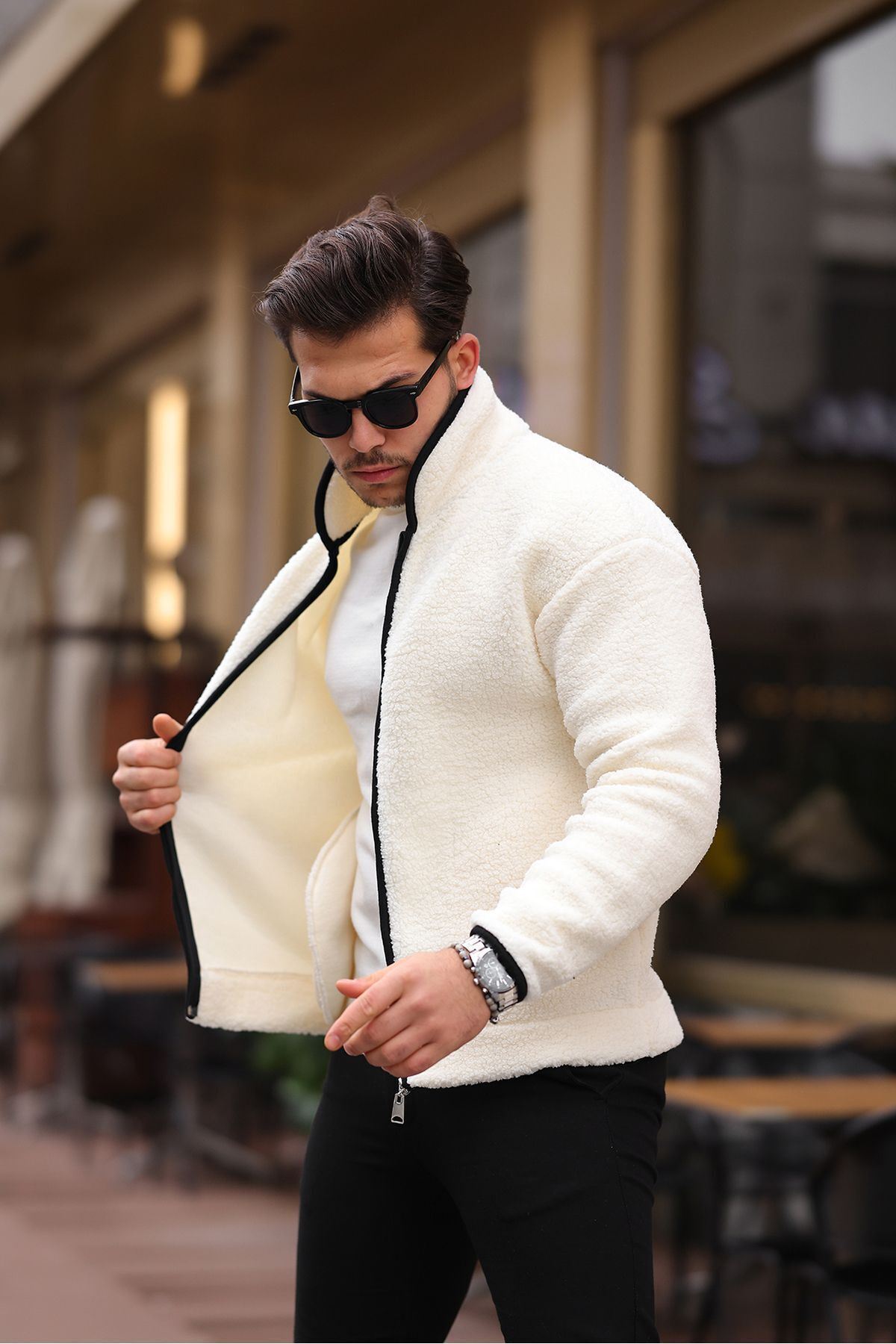 Yan Cepli Tam Fermuarlı Peluş Sweatshirt