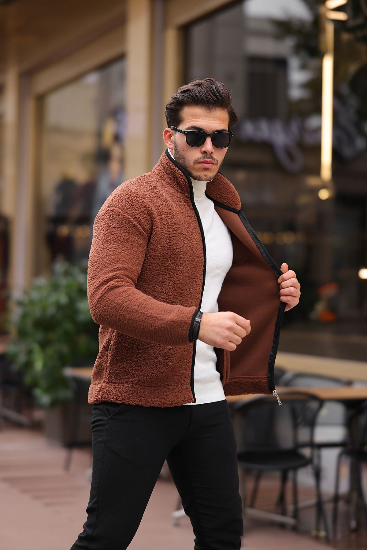 Yan Cepli Tam Fermuarlı Peluş Sweatshirt