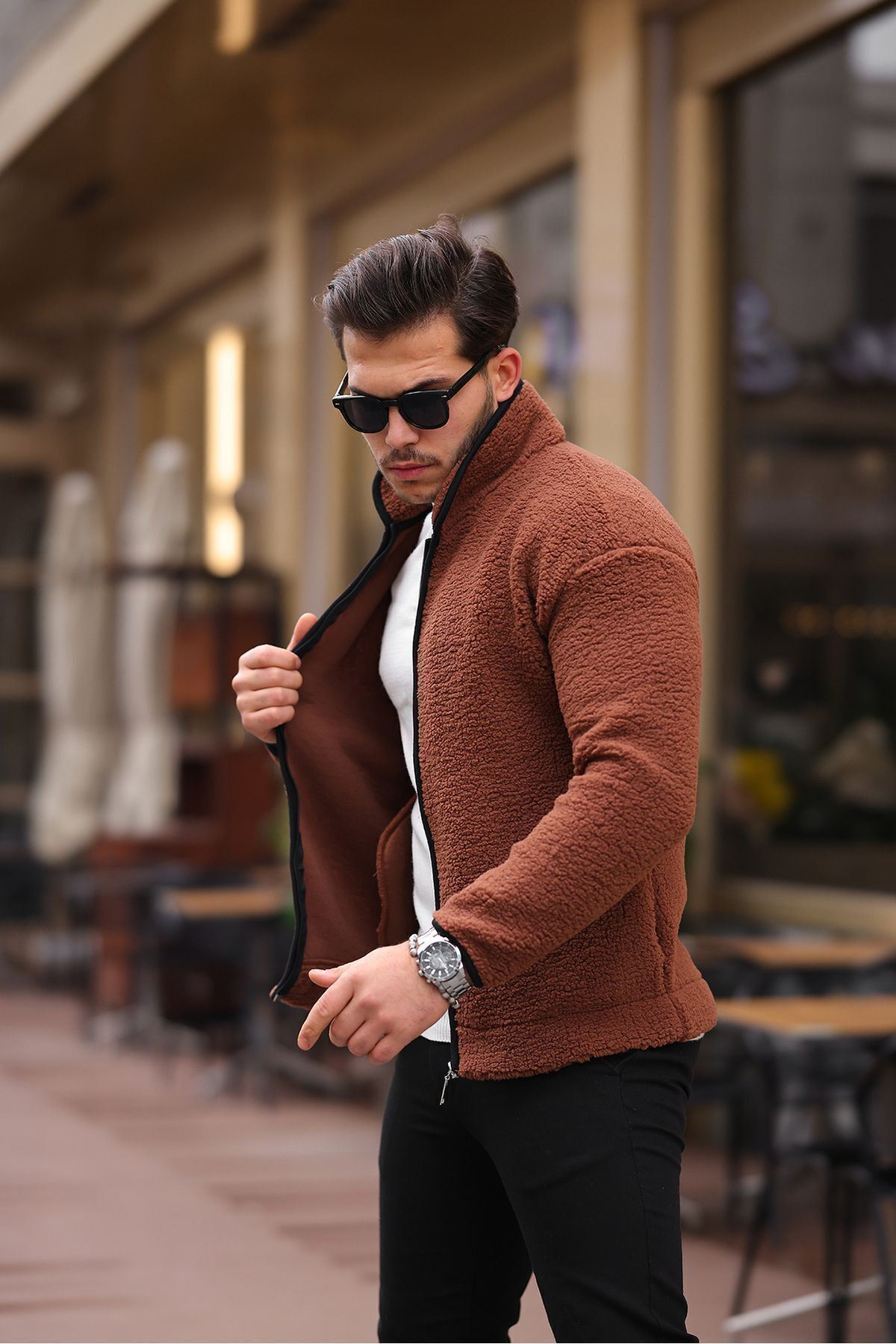 Yan Cepli Tam Fermuarlı Peluş Sweatshirt