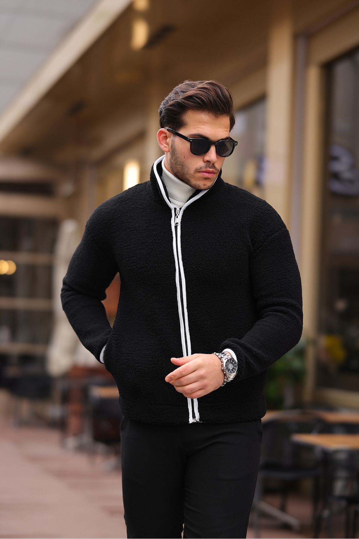 Yan Cepli Tam Fermuarlı Peluş Sweatshirt