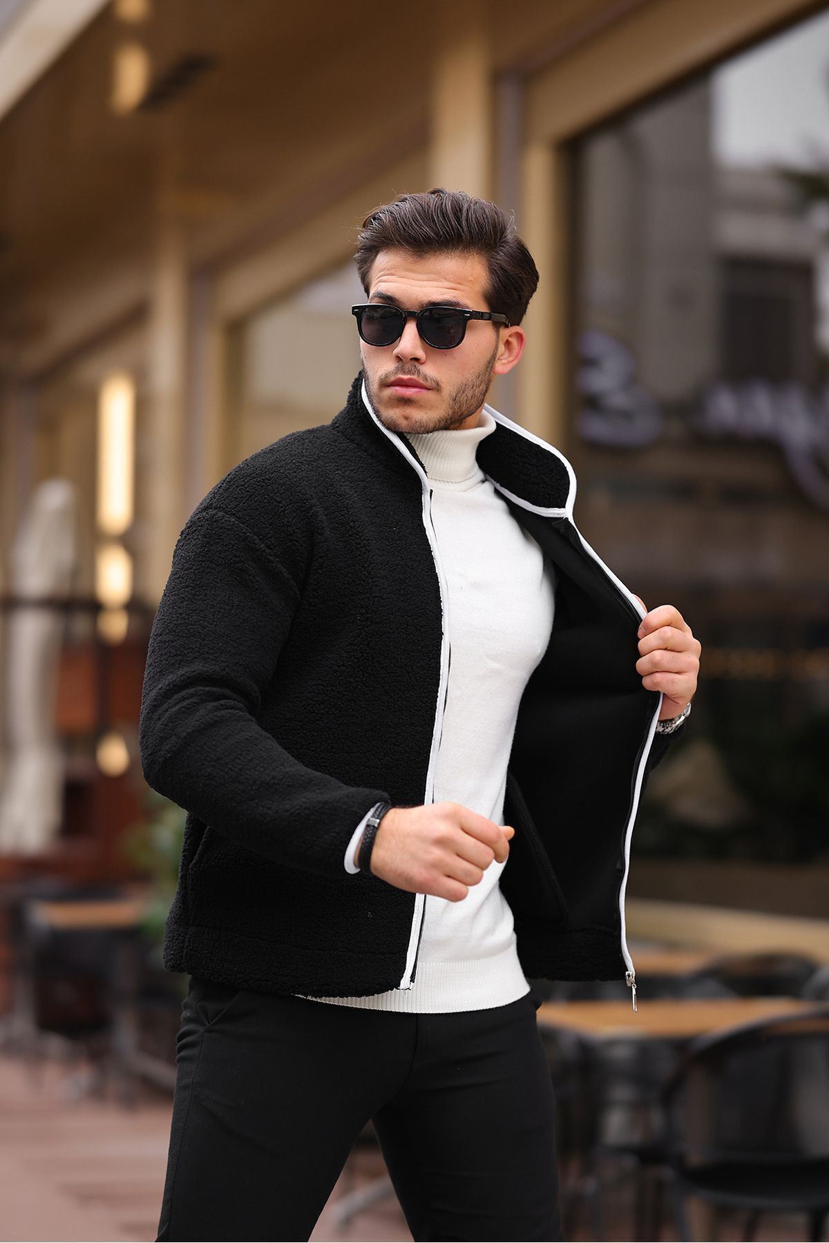 Yan Cepli Tam Fermuarlı Peluş Sweatshirt