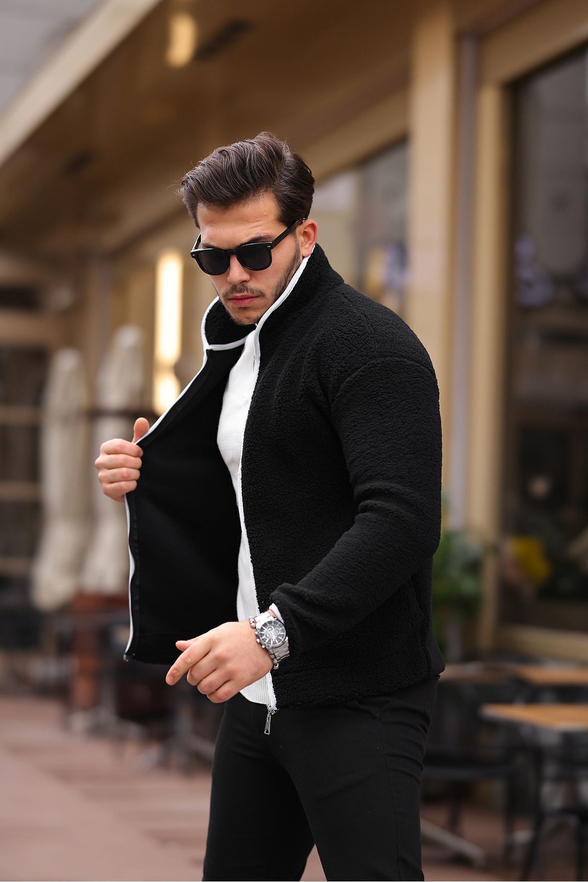 Yan Cepli Tam Fermuarlı Peluş Sweatshirt