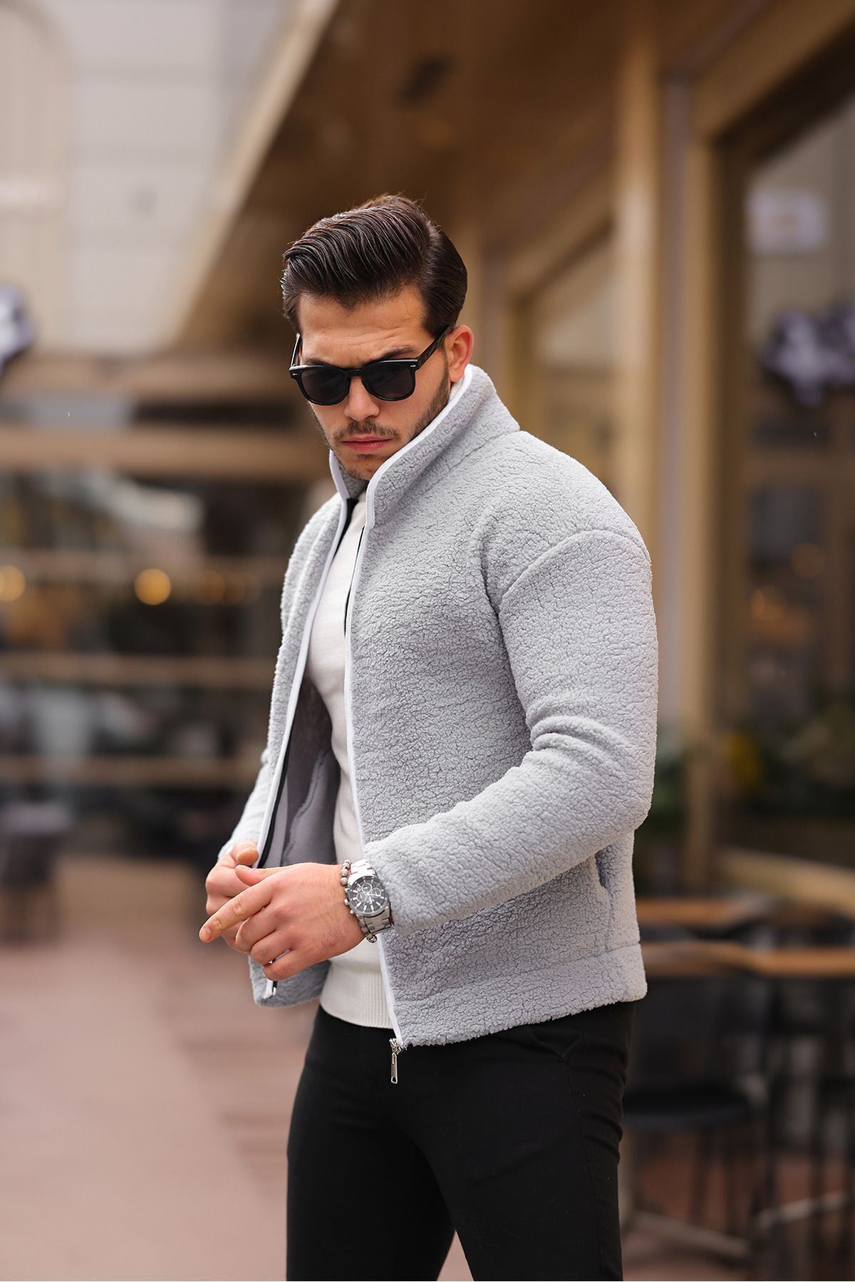 Yan Cepli Tam Fermuarlı Peluş Sweatshirt