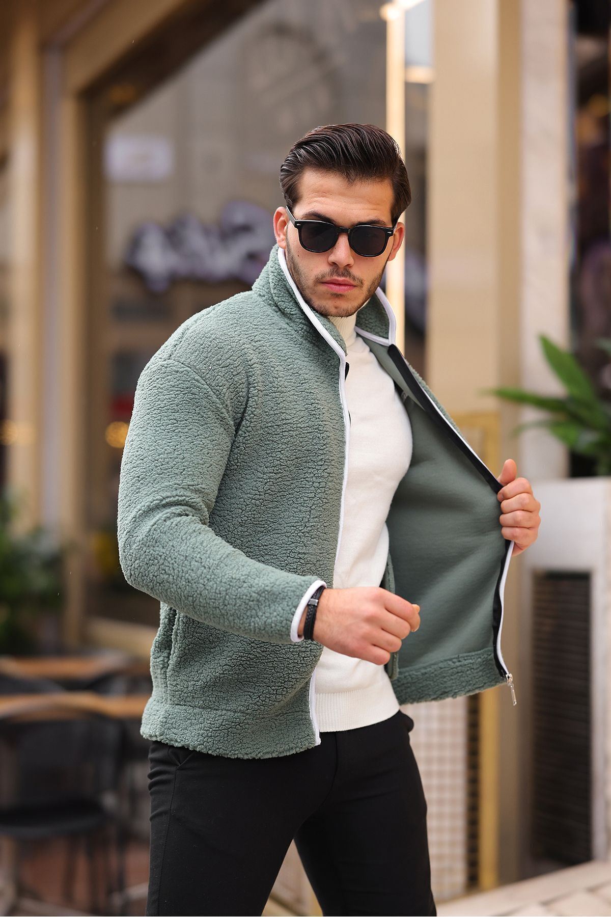 Yan Cepli Tam Fermuarlı Peluş Sweatshirt