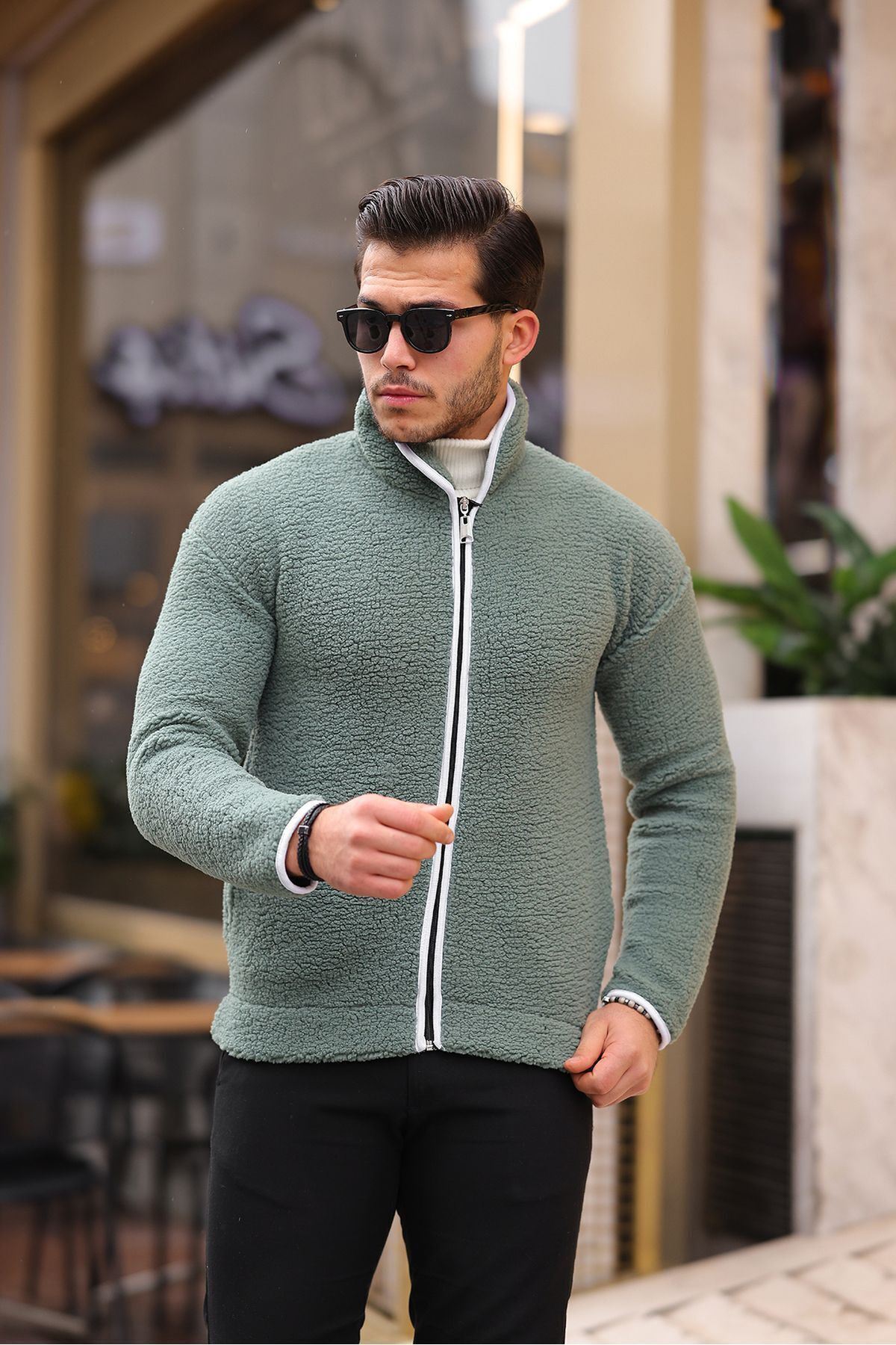 Yan Cepli Tam Fermuarlı Peluş Sweatshirt