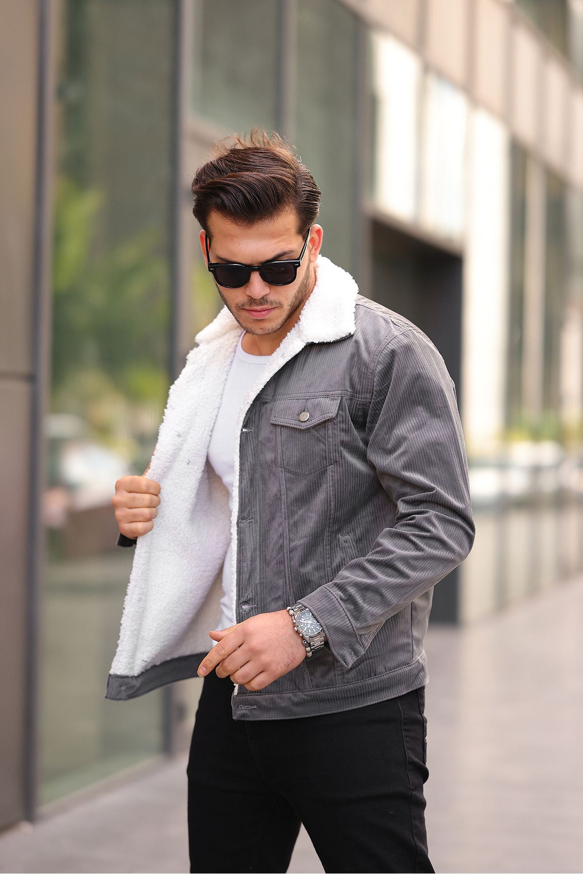 Erkek Trend Kadife Içi Kürklü Ceket Antrasit