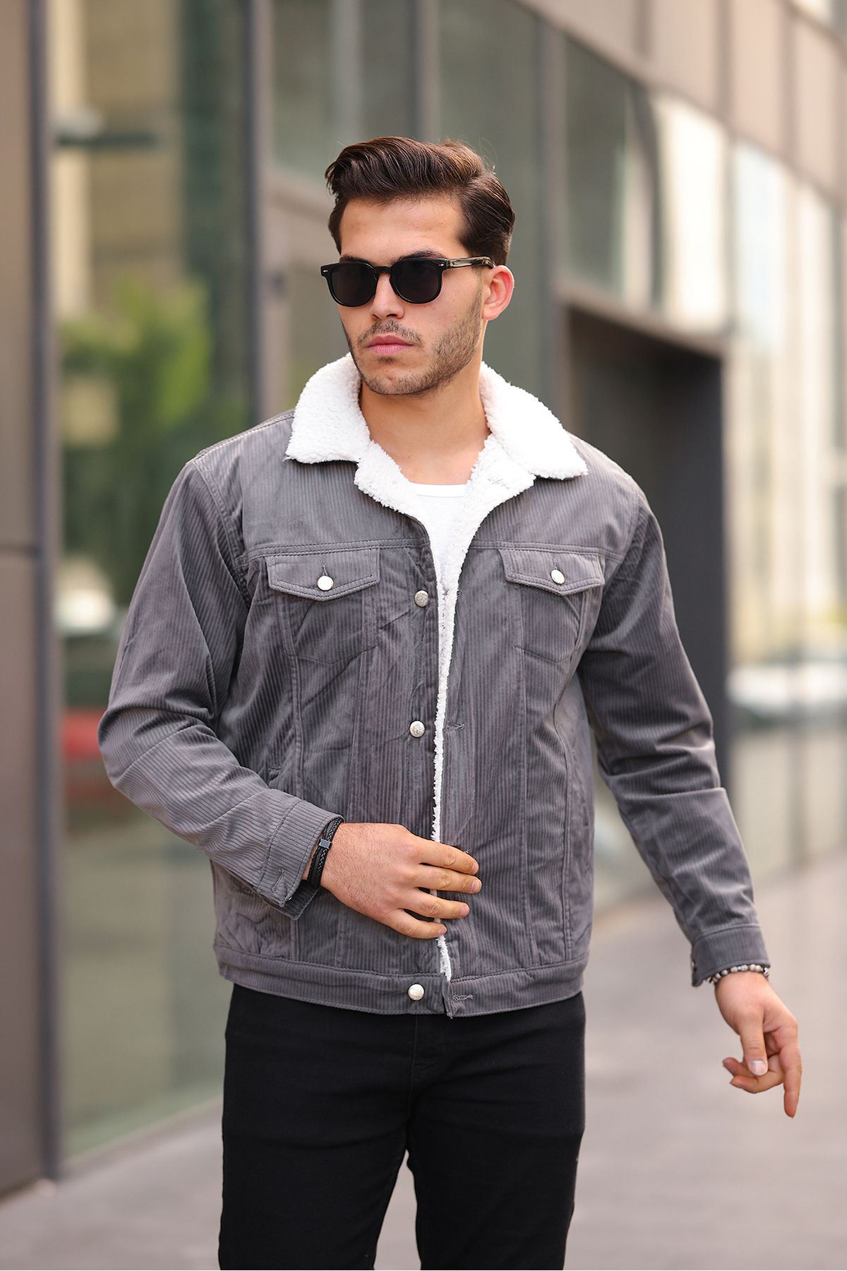 Erkek Trend Kadife Içi Kürklü Ceket Antrasit