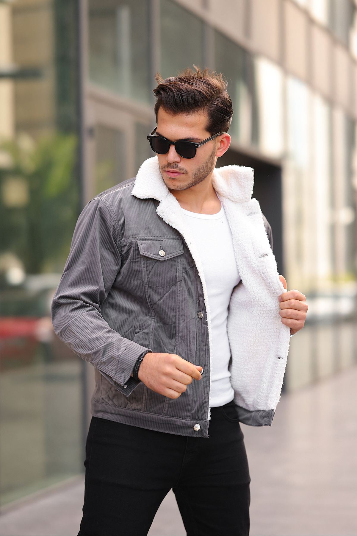 Erkek Trend Kadife Içi Kürklü Ceket Antrasit