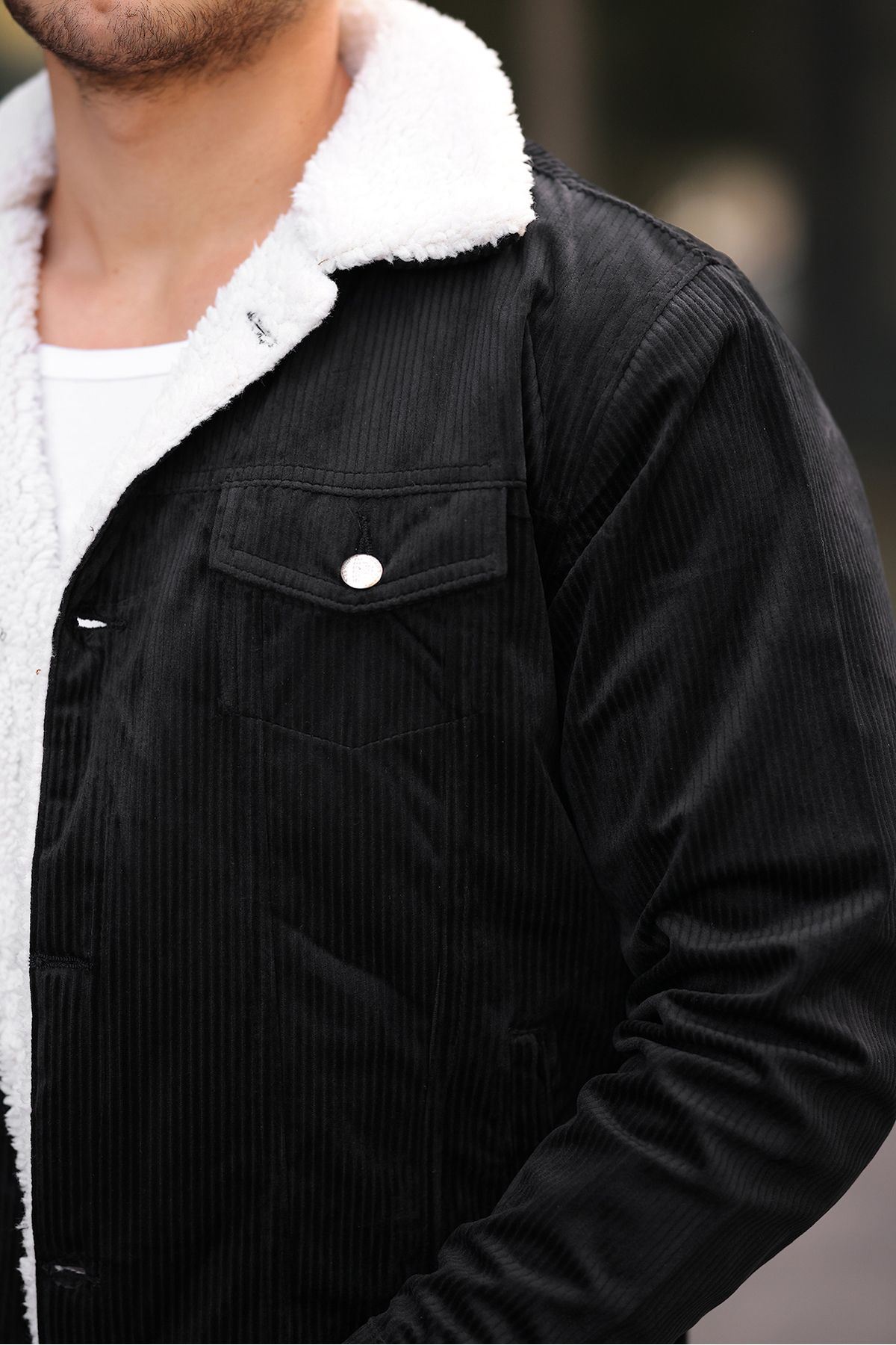 Erkek Trend Kadife Içi Kürklü Ceket Siyah