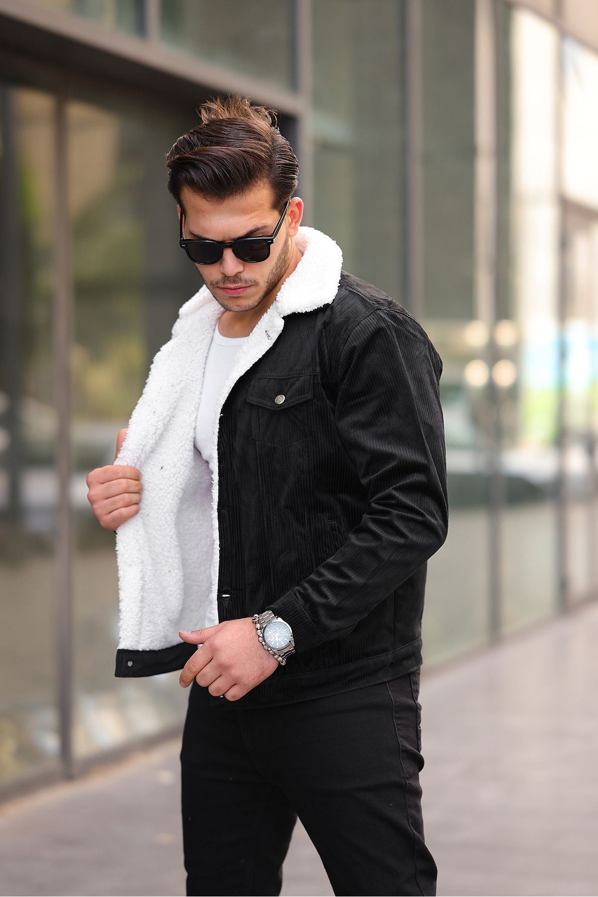 Erkek Trend Kadife Içi Kürklü Ceket Siyah