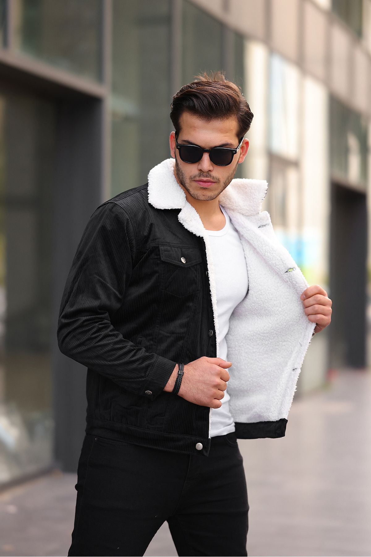 Erkek Trend Kadife Içi Kürklü Ceket Siyah
