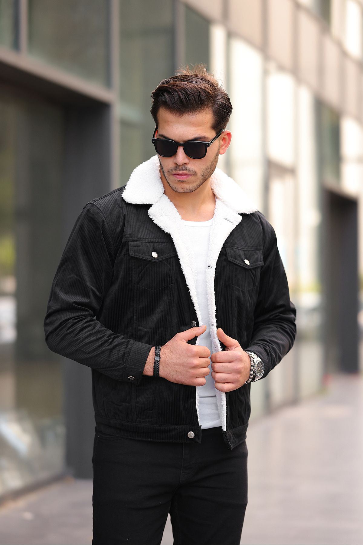 Erkek Trend Kadife Içi Kürklü Ceket Siyah