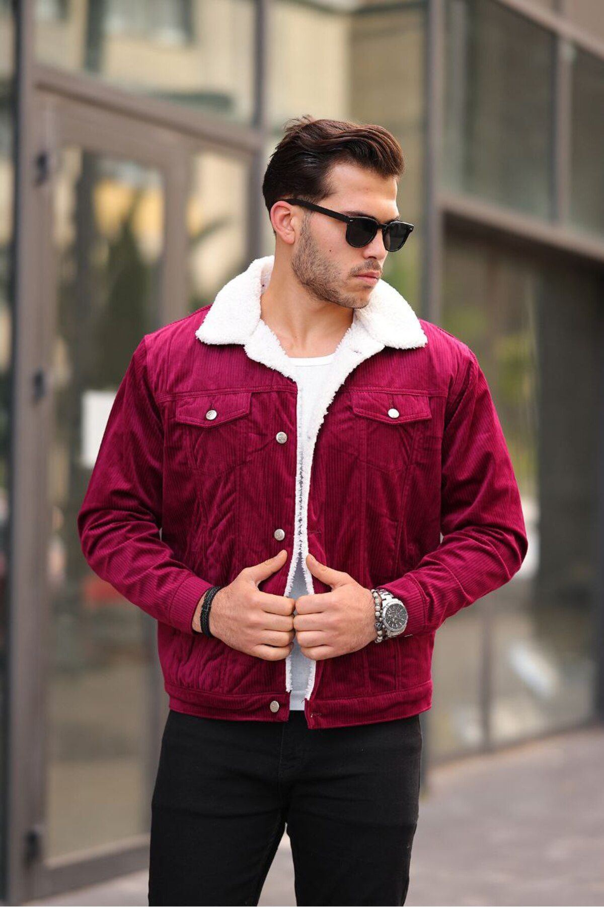 Erkek Trend Kadife Içi Kürklü Ceket Bordo