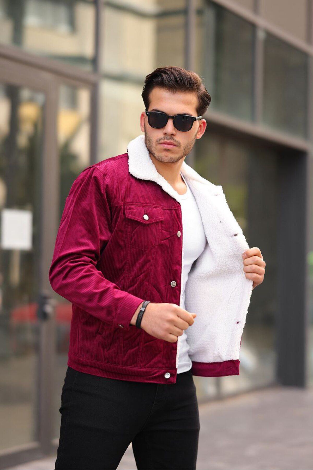 Erkek Trend Kadife Içi Kürklü Ceket Bordo