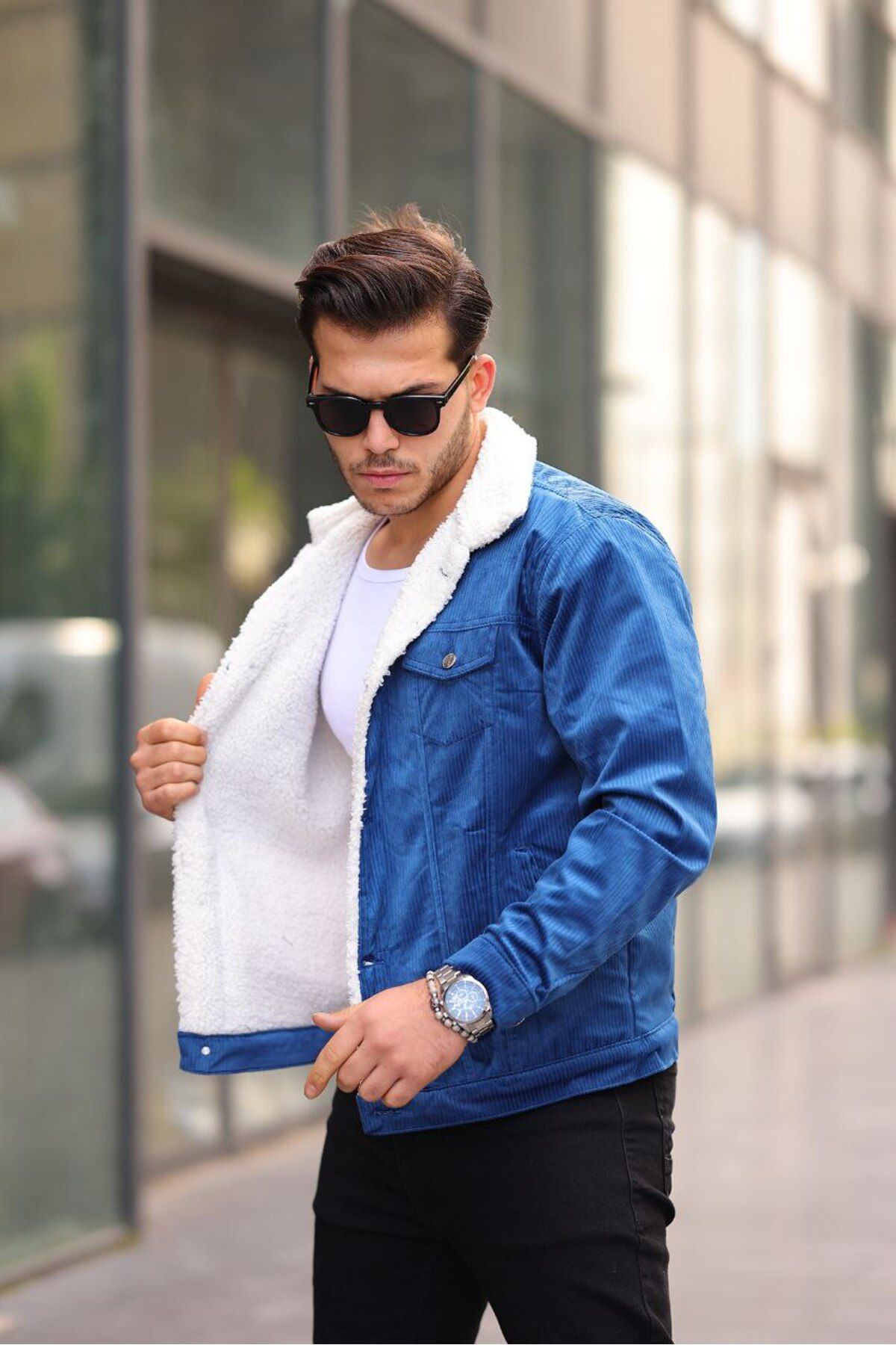 Erkek Trend Kadife Içi Kürklü Ceket Mavi