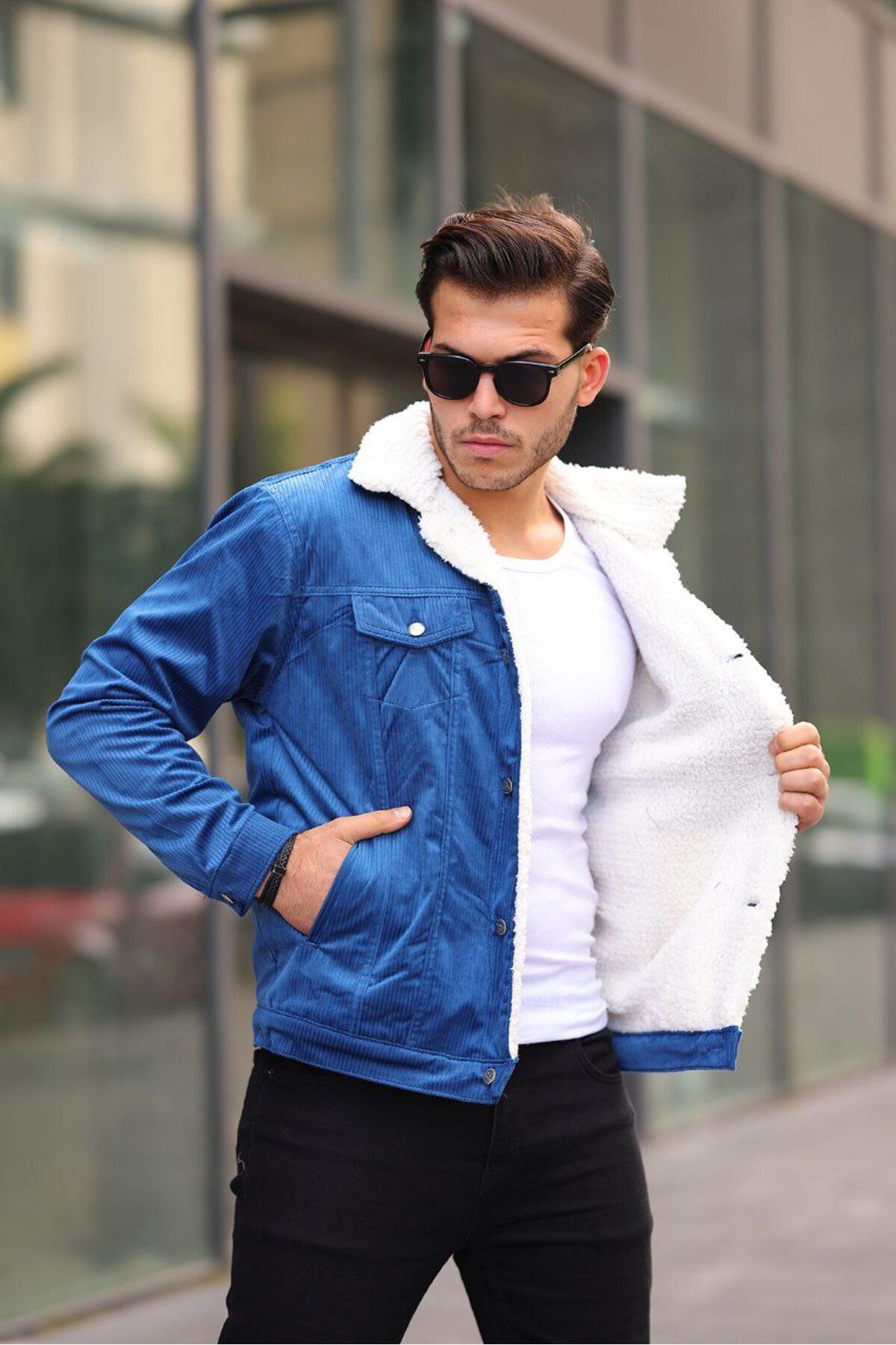 Erkek Trend Kadife Içi Kürklü Ceket Mavi