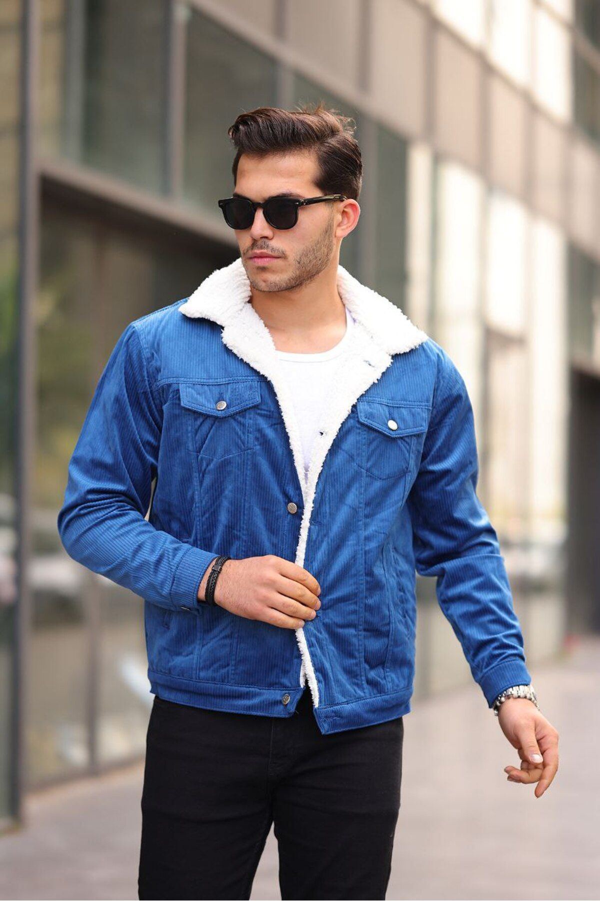 Erkek Trend Kadife Içi Kürklü Ceket Mavi