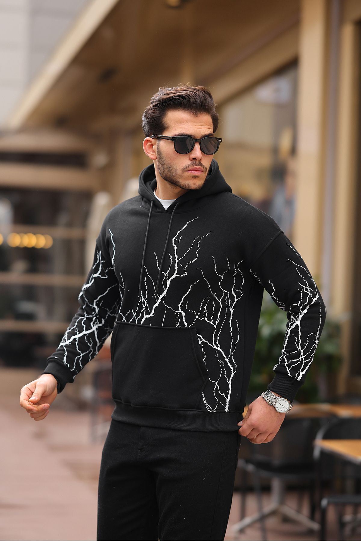 ŞİMŞEK DESENLİ KAPÜŞONLU SWEATSHİRT