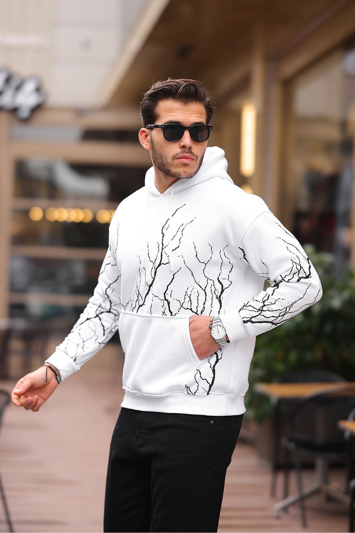 ŞİMŞEK DESENLİ KAPÜŞONLU SWEATSHİRT